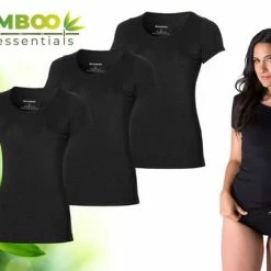 Bamboo Essentials - T Shirt Dames - Ronde Hals - 3 Stuks - Zwart - M - Bamboe Ondershirt - Onderhemd - Dames Shirts Korte Mouw