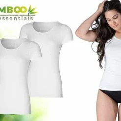 Bamboo Essentials - T Shirt Dames - Bamboe - Ronde Hals - 2 Stuks - Wit - L - Anti Zweet Shirt - Ondershirt - Extra Lang