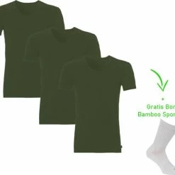 Boru Bamboo Bamboo T-Shirt - V Hals - Super Zacht - Antibacterieel - Perfect Draagcomfort - 95% Bamboo - 3 Stuks - 1 Paar Bamboo Sokken Cadeau - Khaki - L