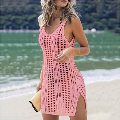 Merkloos Gehaakt Strand Jurkje - Bikini Cover Up - Gypsy - Beach - Boho - Sexy Strand Jurkje - Roze - Large - Zomer Trui - Lounge - Ibiza