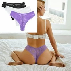 Merkloos 3 Pack - Sexy Dames String Met Kant - Paars, Wit En Zwart - Dames Lingerie / Ondergoed Set - Maat L