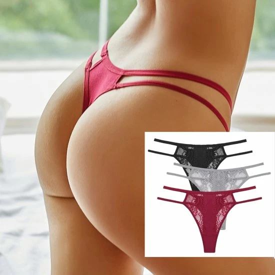 Merkloos Sexy Dames String Met Kant - 3 Pack Met Grijs, Rood & Zwart - Vrouwen Lingerie / Ondergoed Set - Maat M 1 Merkloos Sexy Dames String Met Kant - 3 Pack Met Grijs, Rood & Zwart - Vrouwen Lingerie / Ondergoed Set - Maat M