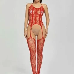 Merkloos Full Body Lingerie Set | Kanten Uitdagende Body + Brazilian String | One Size Body - Rood -Lingerie-Dames-Badmode Winkel 550x731 3